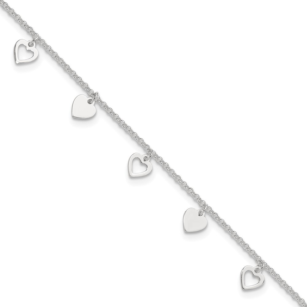 925 Sterling Silver 9" Polished Heart Charm w 1" ext. Summer Fine Jewelry Anklet